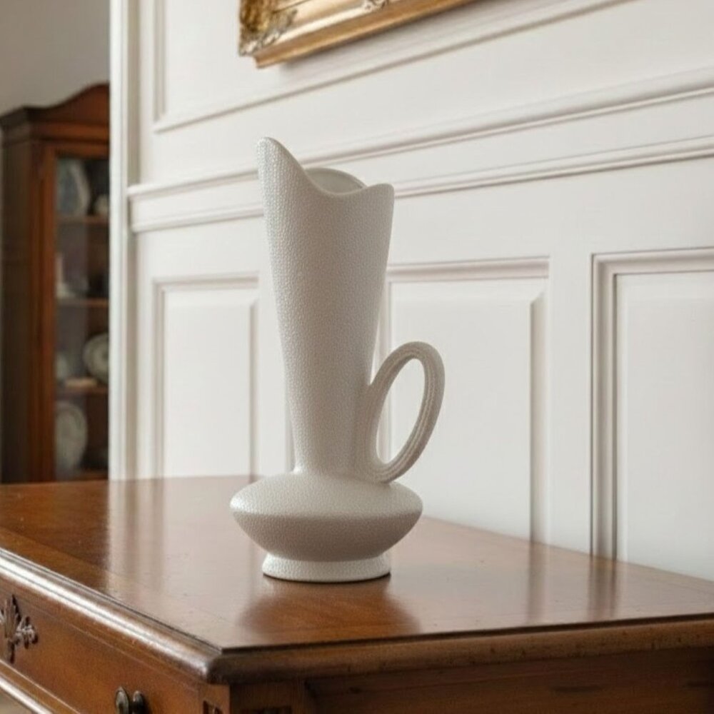 Mid-Century Modern White Textured Ceramic Pitcher Vase Asymmetrical Vintage MCM